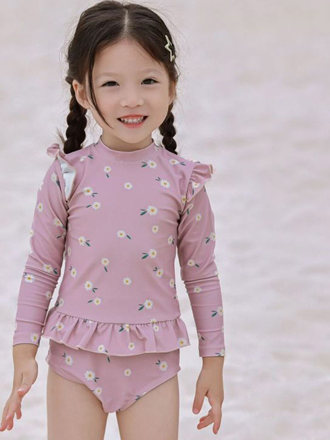 LULU & SKY Girls Floral Printed Round Neck Long Sleeves Bodysuit With Cap