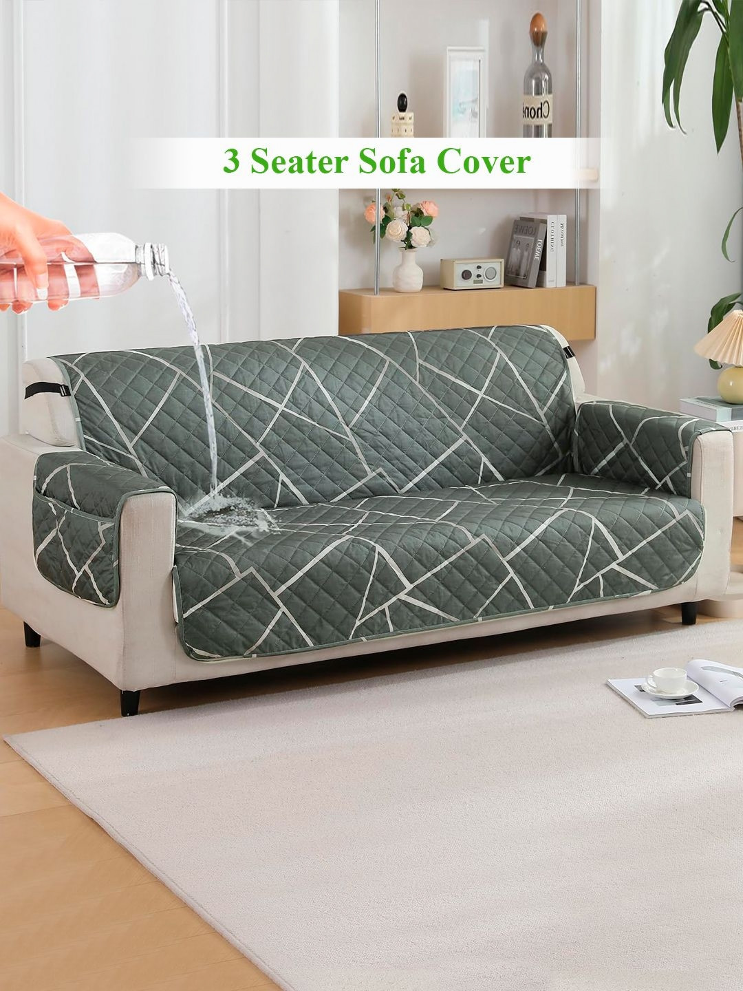 HOKIPO Grey & White Printed 3 Seater Waterproof Sofa Cover With pockets on Armrest