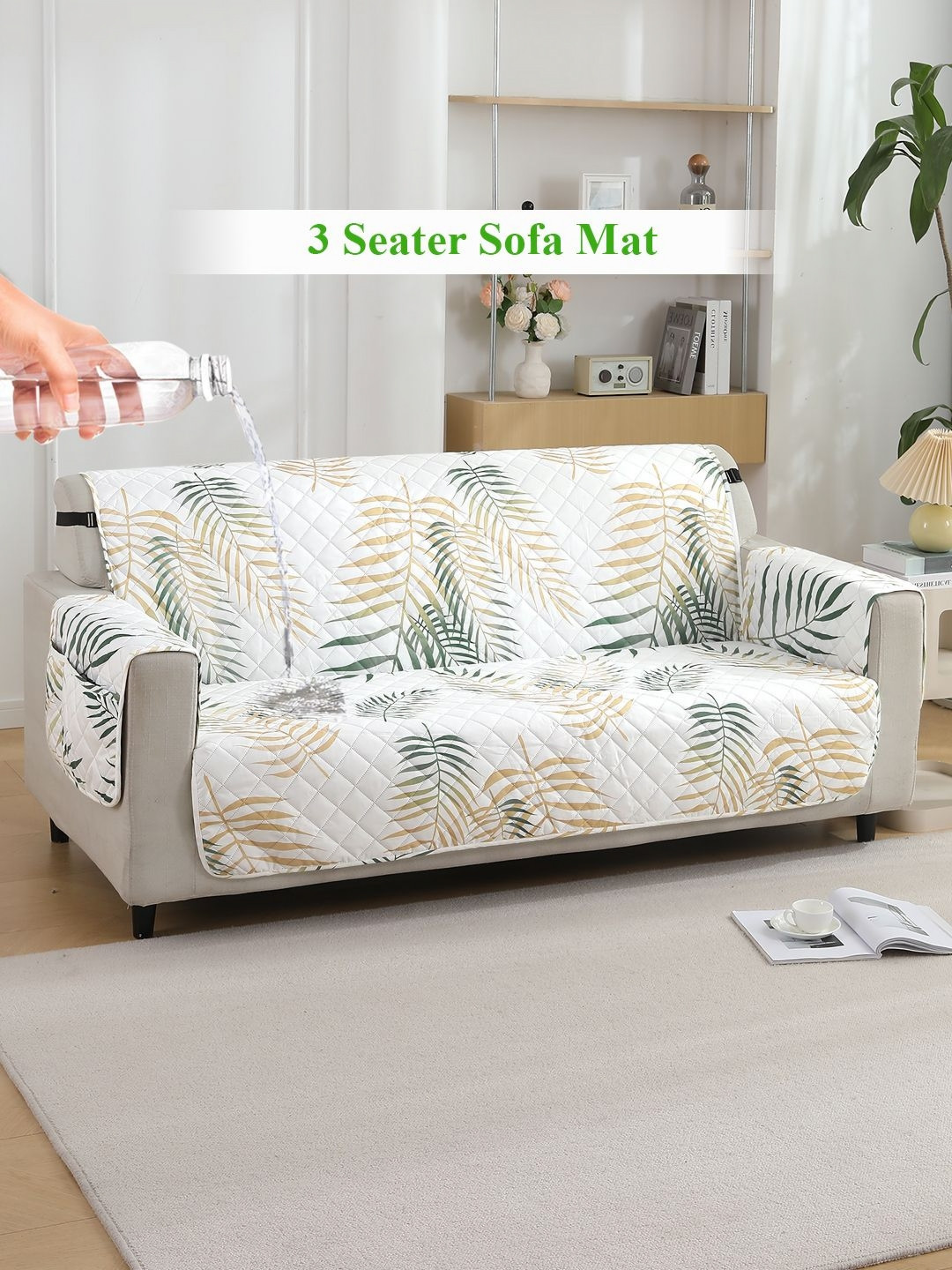 HOKIPO White & Green Printed 3 Seater Waterproof Sofa Cover With pockets on Armrest