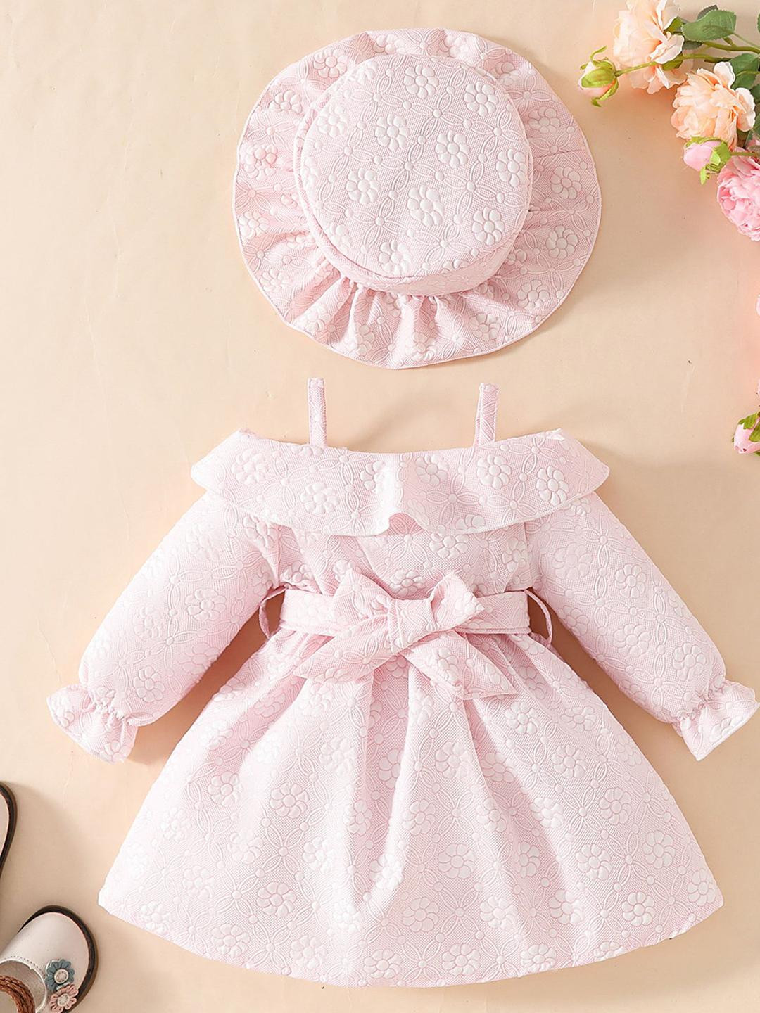 LULU & SKY Girls Floral Embroidered Cold Shoulder Sleeves Fit & Flare Dress With Hat