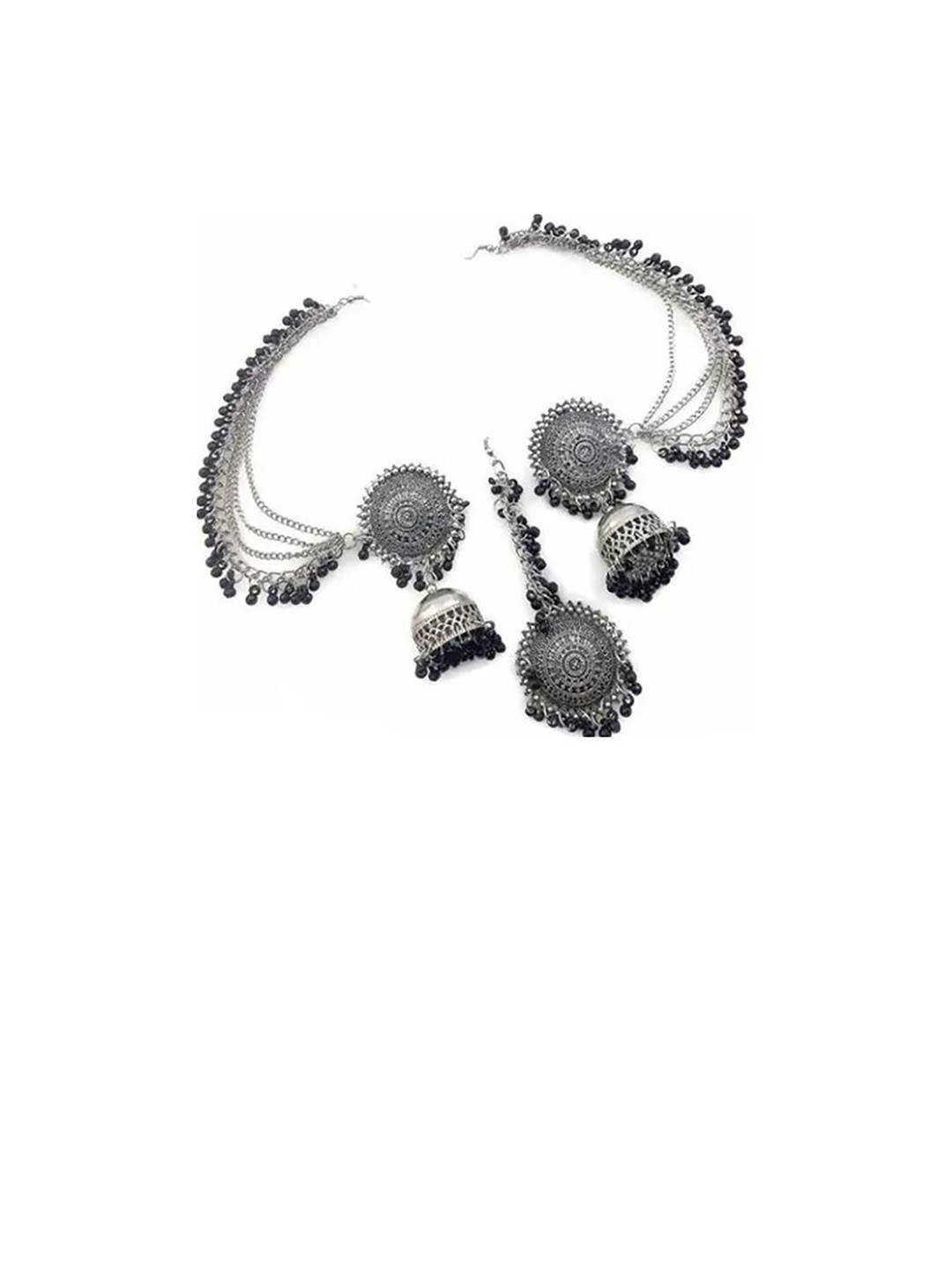 Samridhi DC Artificial Beaded Oxidised Dome Shaped Jhumkas With Earchain