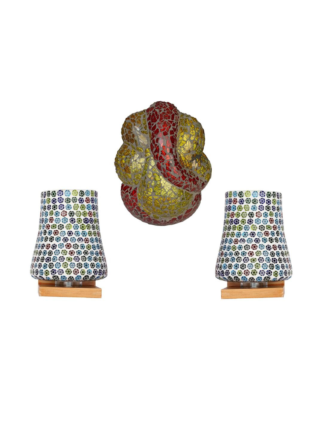 Somil Indore Mosaic Decorative Lamp Combo of Matching Wall Lamp & Blessing God Ganesh Wall Lamp, Multi Compatible with LED, Size: 14 X 14 X 18.5 Cm, Pack of 3.