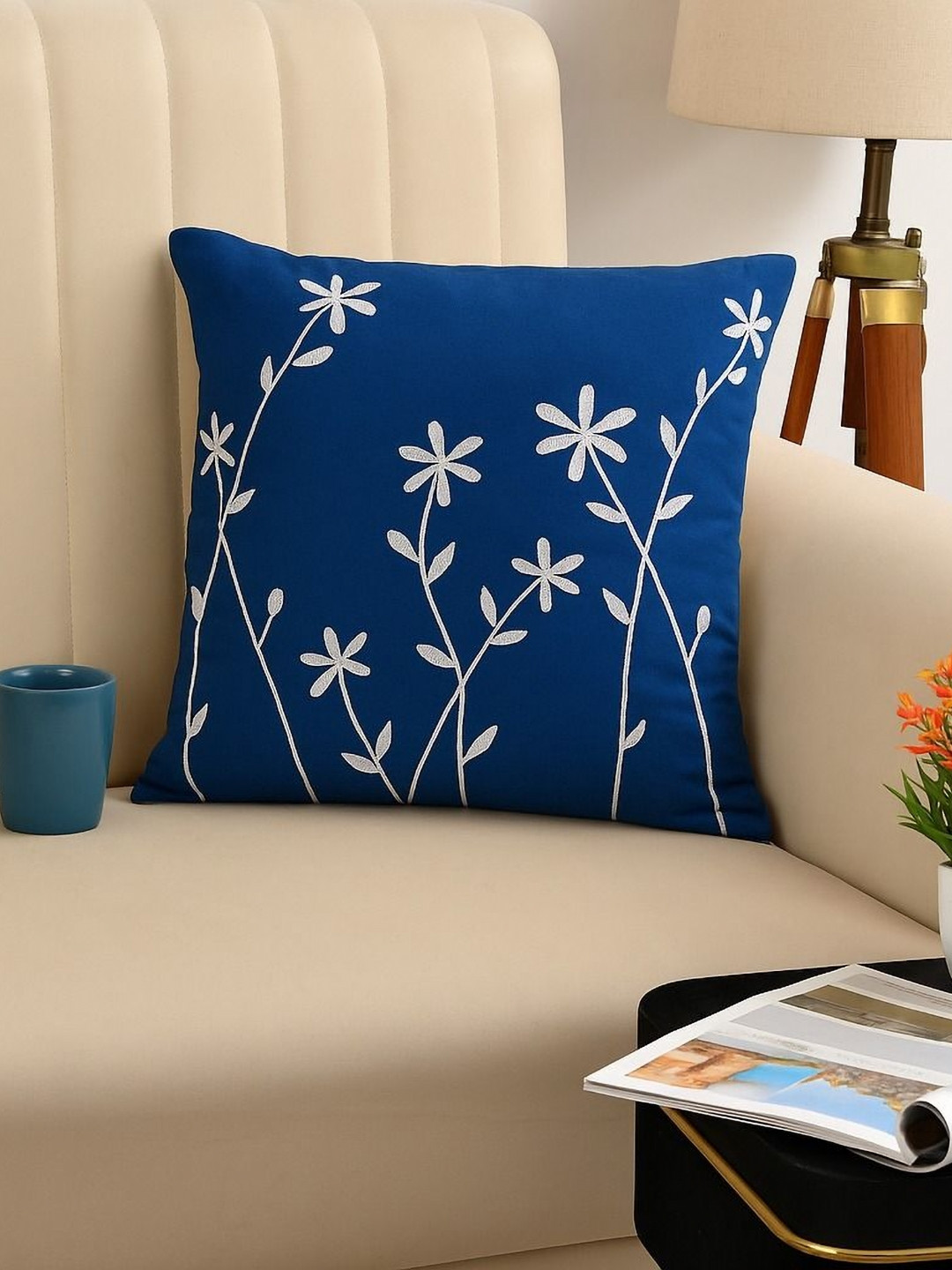 KIDS WONDERS Blue And White Set Of 2 Embroidered Cotton Square Cushion Covers