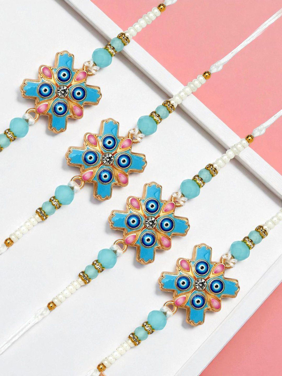 ADIVA Set Of 4 Stones Studded & Beaded Evil Eyes Thread Rakhis With Roli Chawal & Card