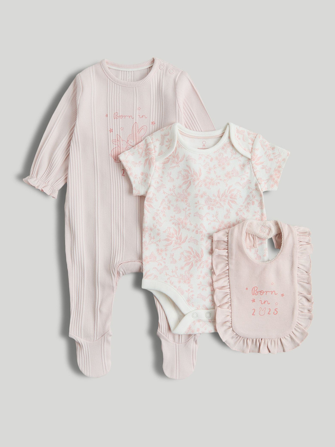 mothercare Infants Girls 3Pcs Printed Pure Cotton Baby Apparel Gift Set