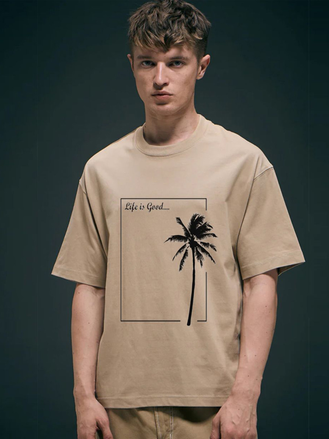 Beige Graphic Printed Round Neck Regular Fit T-shirt