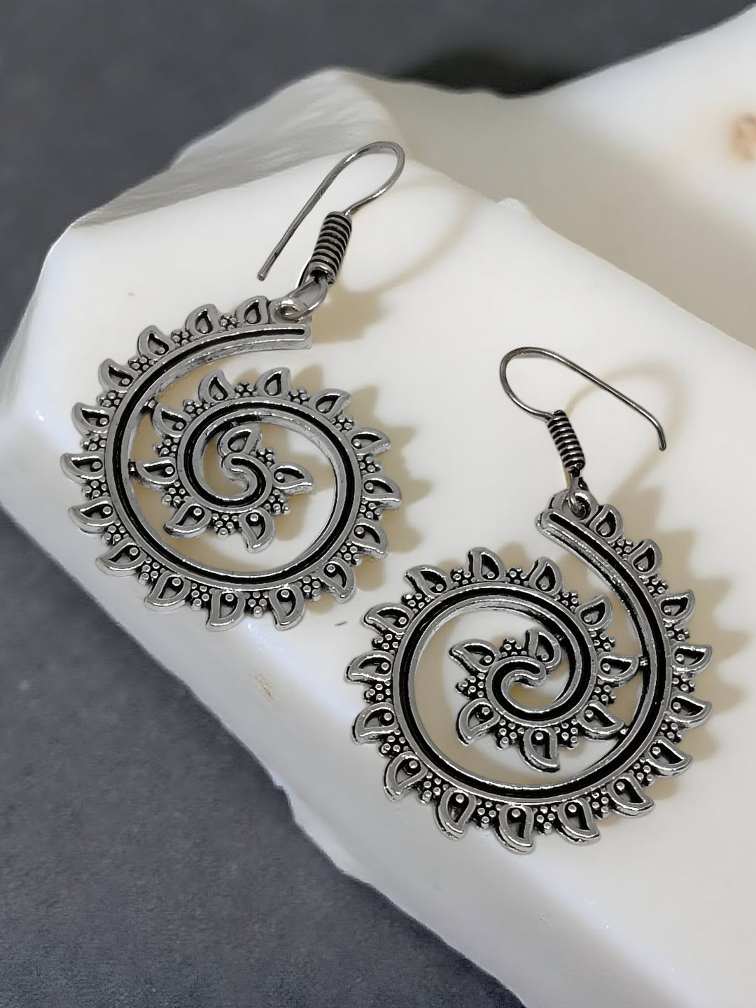 VYRA Silver-Plated Oxidised Contemporary Drop Earrings