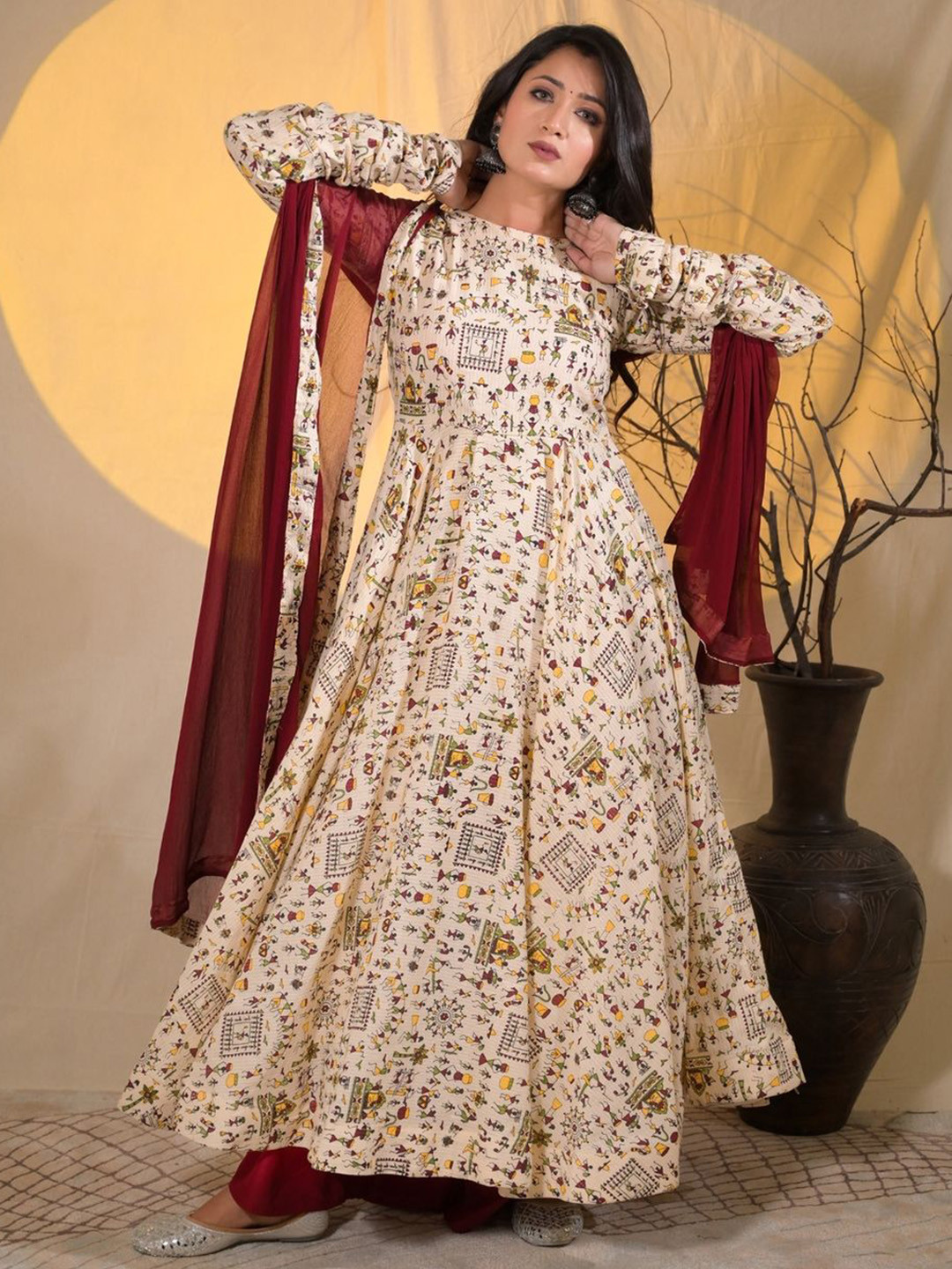 ADYASAA THE LABEL Women Printed Cotton Anarkali Kurta with Trousers & Dupatta