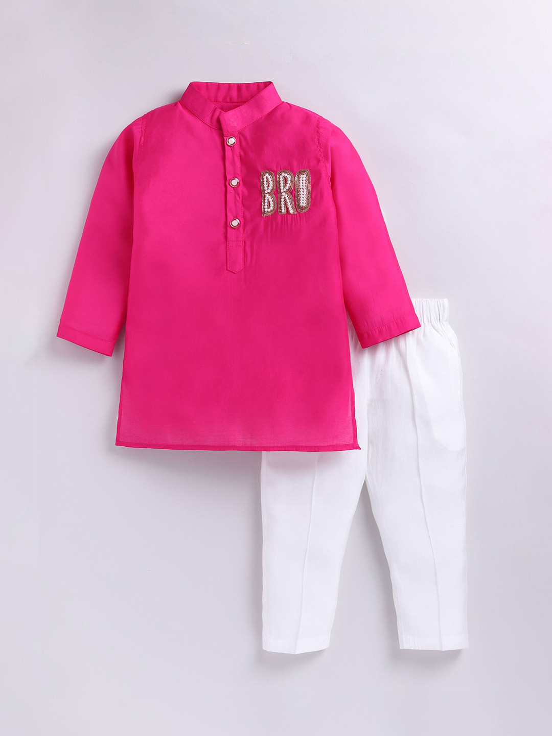 LITTLE COLLARS Boys Beads And Stones Mandarin Collar Pure Silk Straight Kurta With Pyjamas