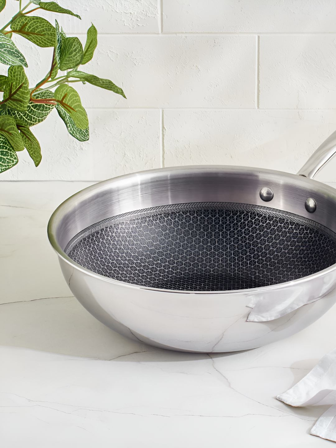 Home Centre Silver-Toned Easy to Clean Stainless Steel Non-Stick Wok
