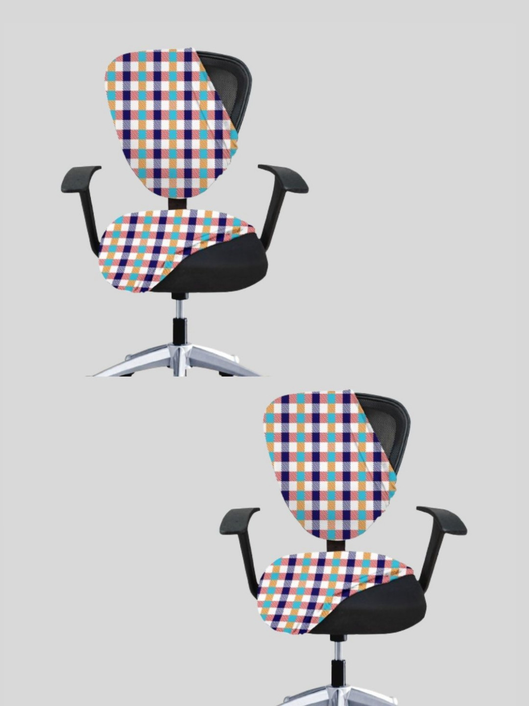 Lazi Set Of 2 White & Blue Checked Stretchable Office Chair Covers