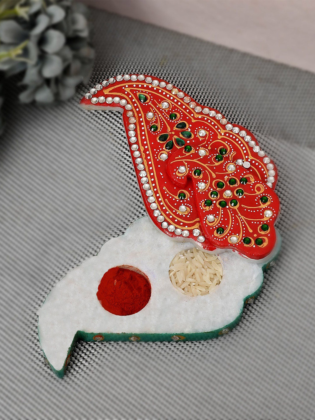 CRAFTAM Green & Red Marble Made Roli Chawal Tilak Chopra With Roli Rice Pack