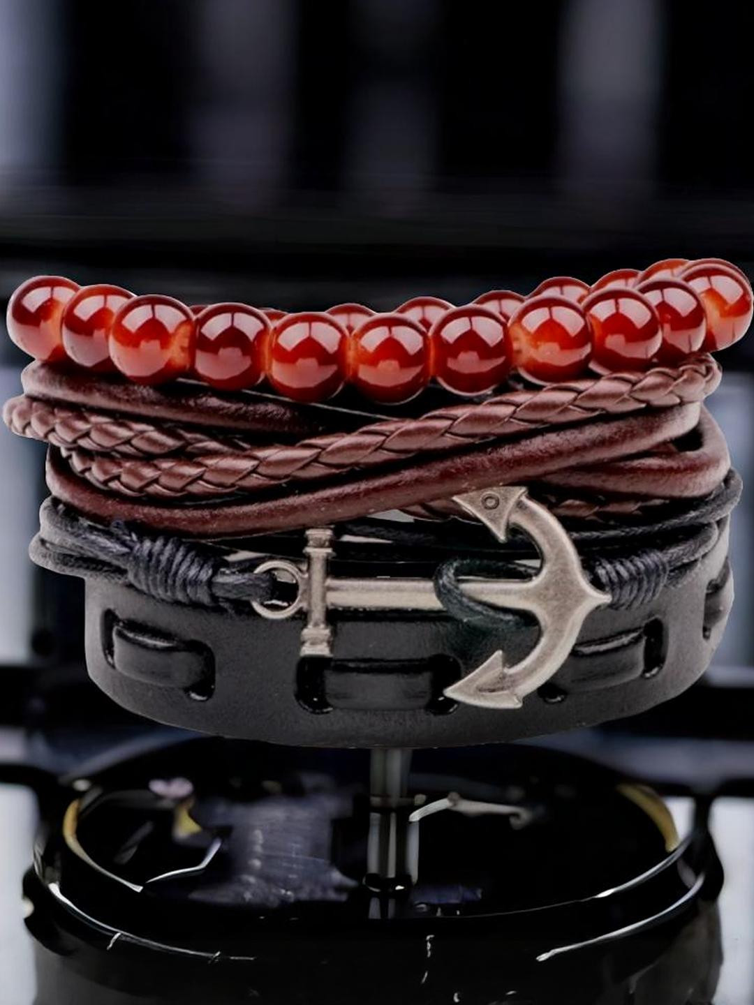 Black Anchor Red Beads Leather Bracelet For Men  (Pack of 4)
