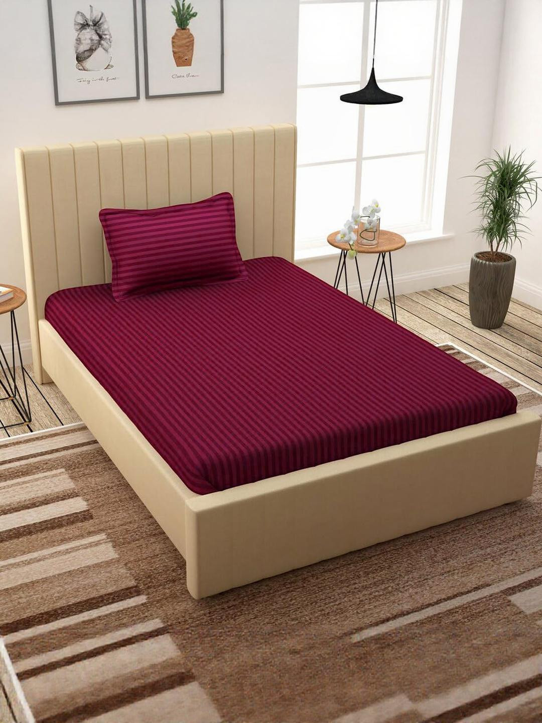 Fabture Maroon Striped 210 TC Single Bedsheet With 1 Pillow Covers