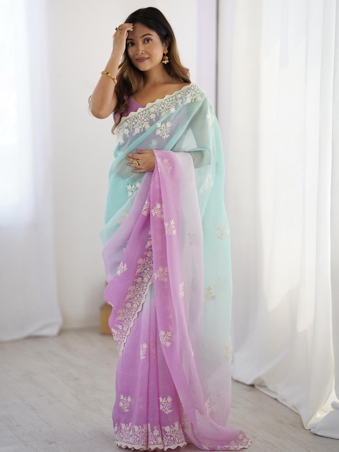 DIVASTRI Floral Chikankari Silk Blend Saree
