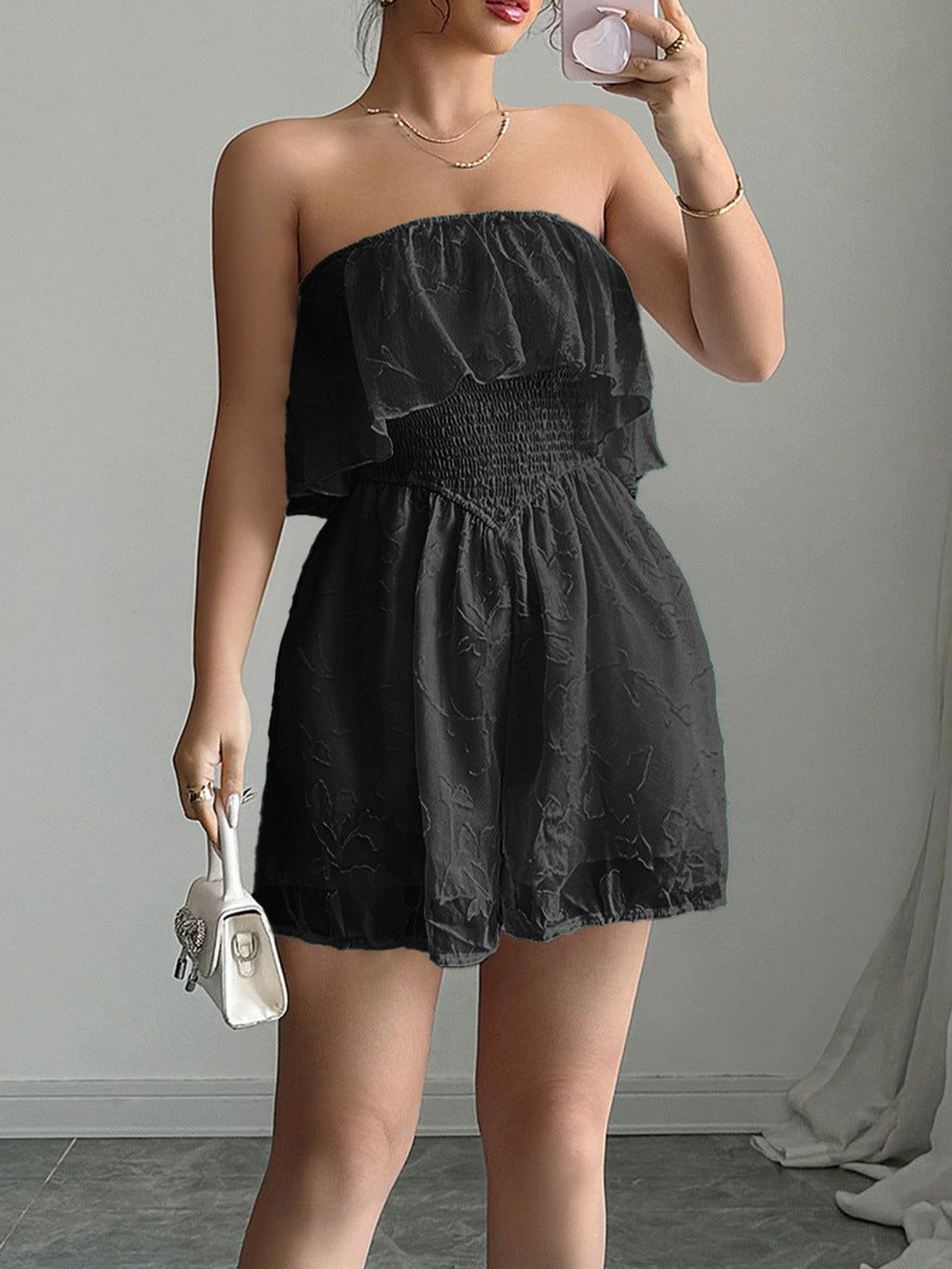 Outzidr Women Smocked Strapless with Ruffles Playsuit