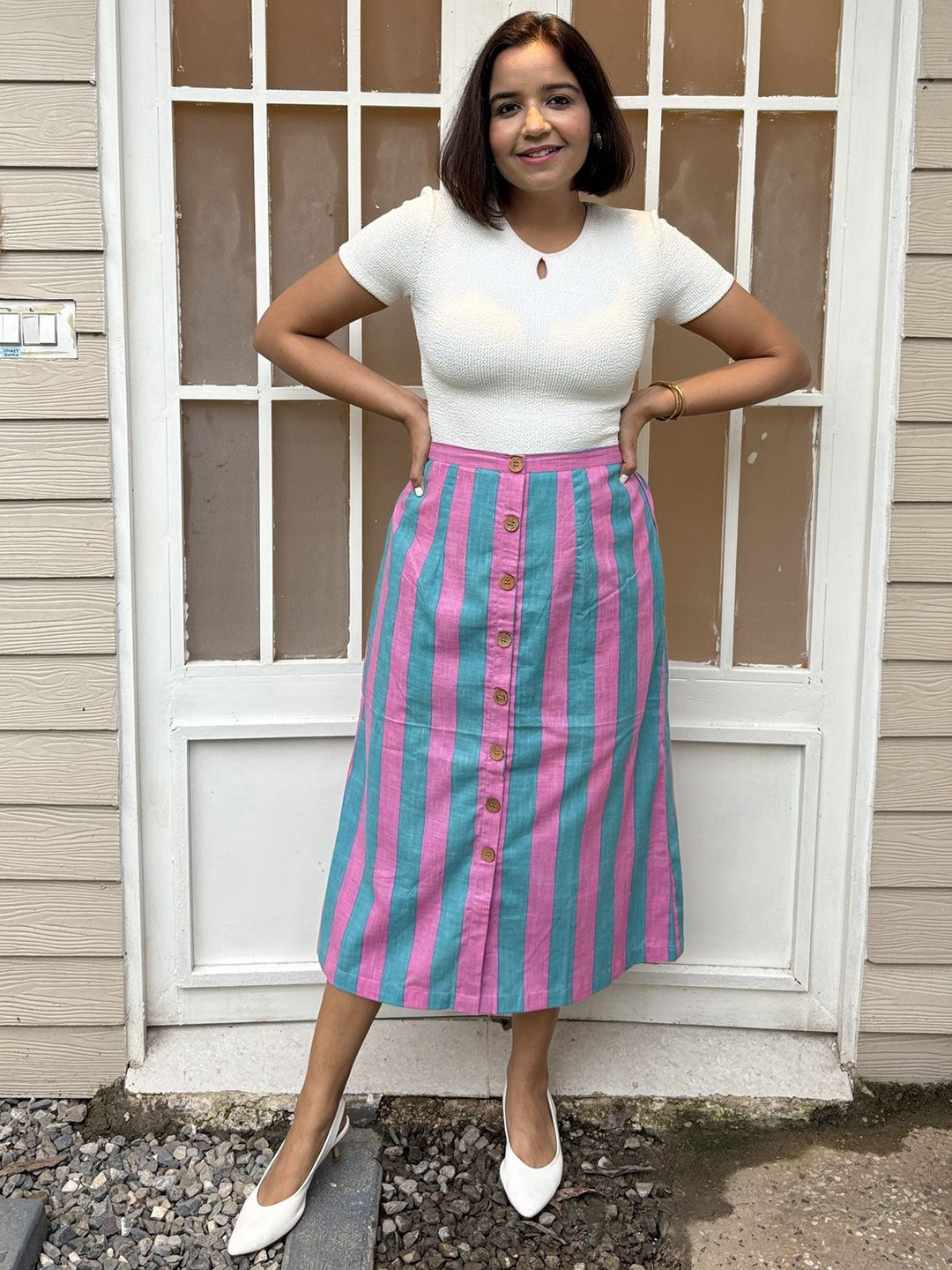 Label Tanvee Candy Striped A- Line Midi Skirt With Pockets