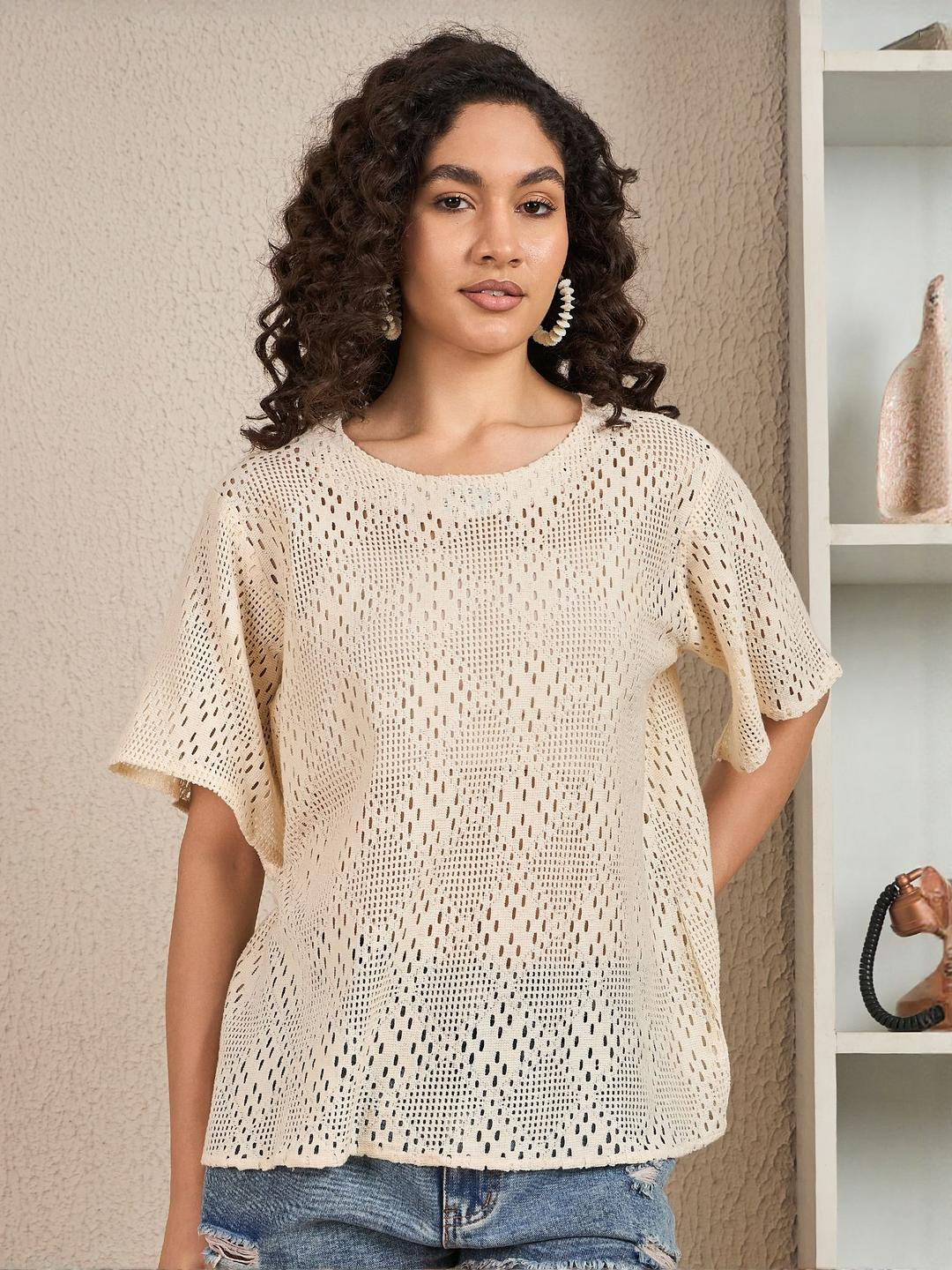 R.Code by The Roadster Life Co. Women Geometric Design Semi Sheer Top