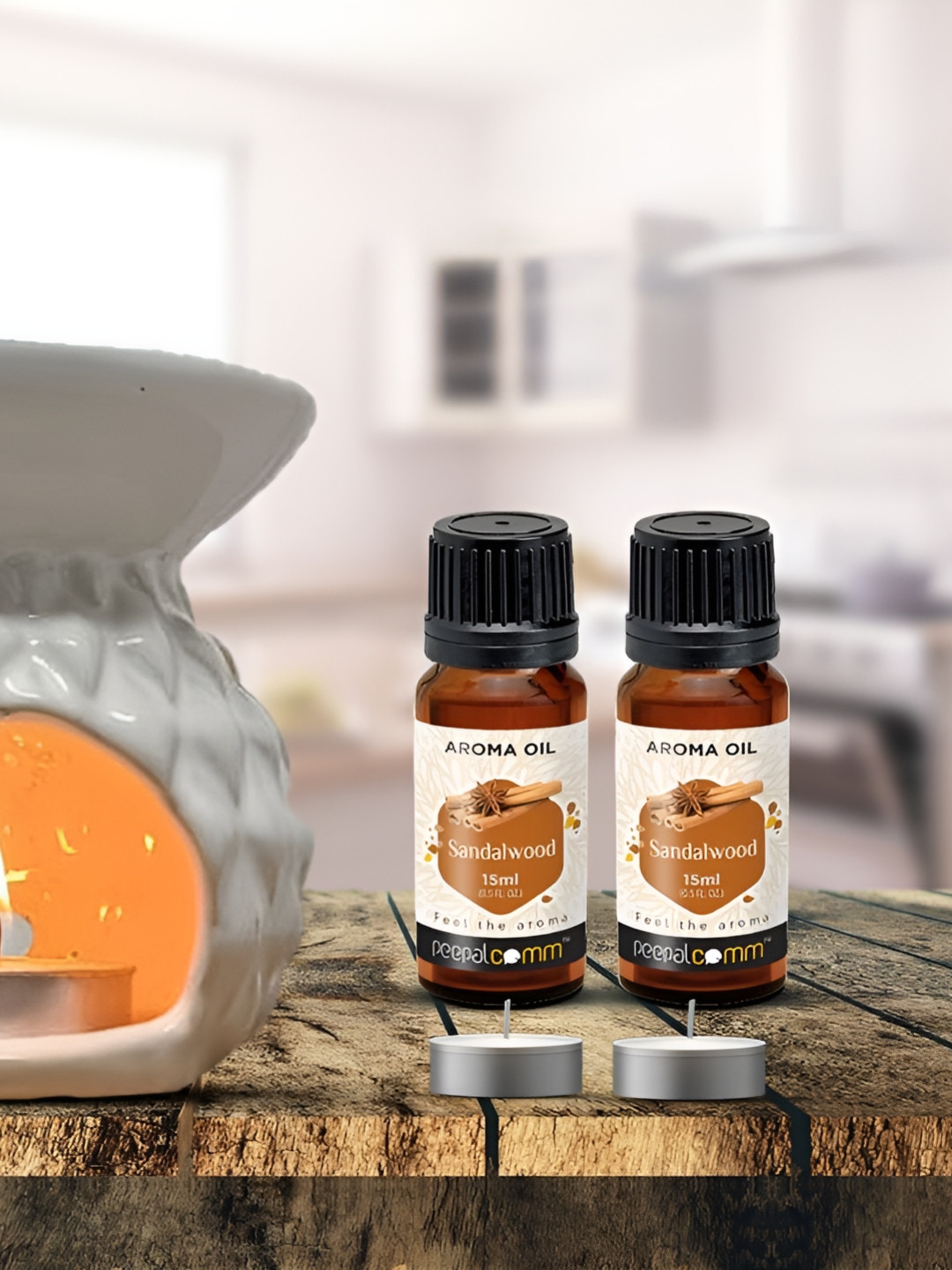 PEEPALCOMM 5-Pcs White & Brown Ceramic Diffuser With T-Light & AromaOil15ml