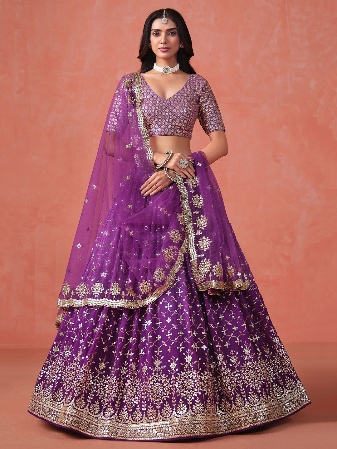 ETHNIC PLUS Embroidered Sequinned Semi-Stitched Georgette Lehenga & Blouse With Dupatta