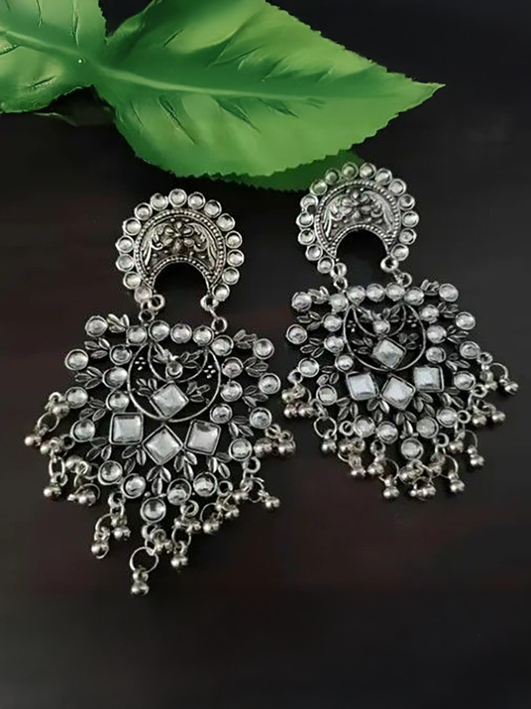 Samridhi DC Stones Studded And Ghunghru Beaded Oxidised Crescent Shaped Drop Earrings