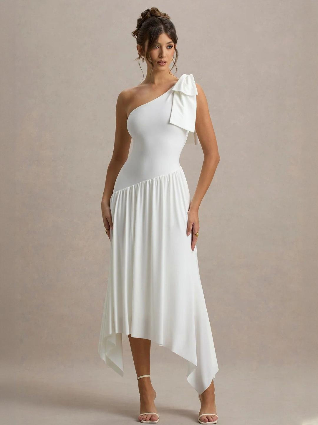TRAQUILA One Shoulder Drop-Waist Midi Dress