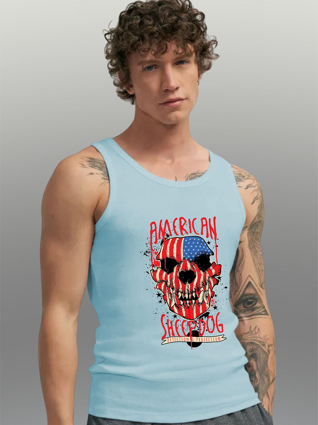 Uniplanet store Printed Scoop Neck Gym Vest UVM-SHEEP-DOG-SKBL-S