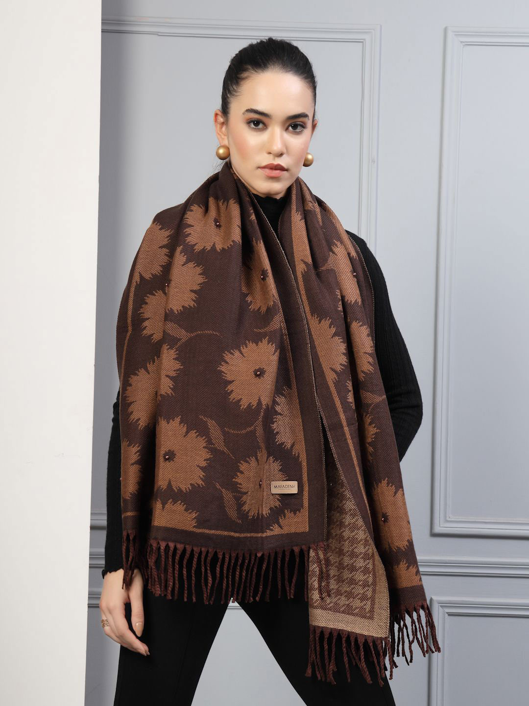 Mafadeny Women Floral Design Patterned and Beaded Woolen Stole