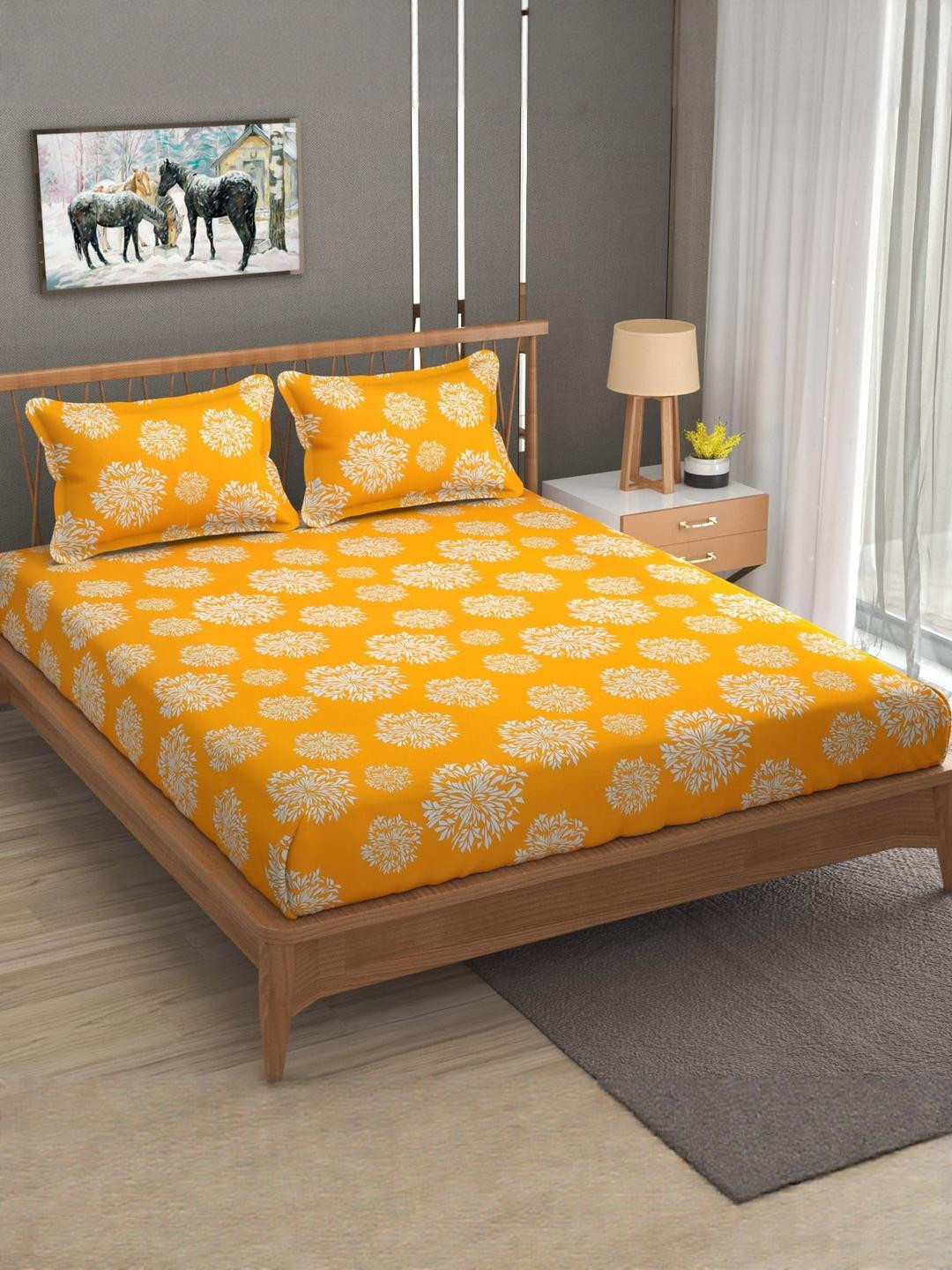 TINDLER KNOTS Yellow Floral 330 TC King Bedsheet with 2 Pillow Covers