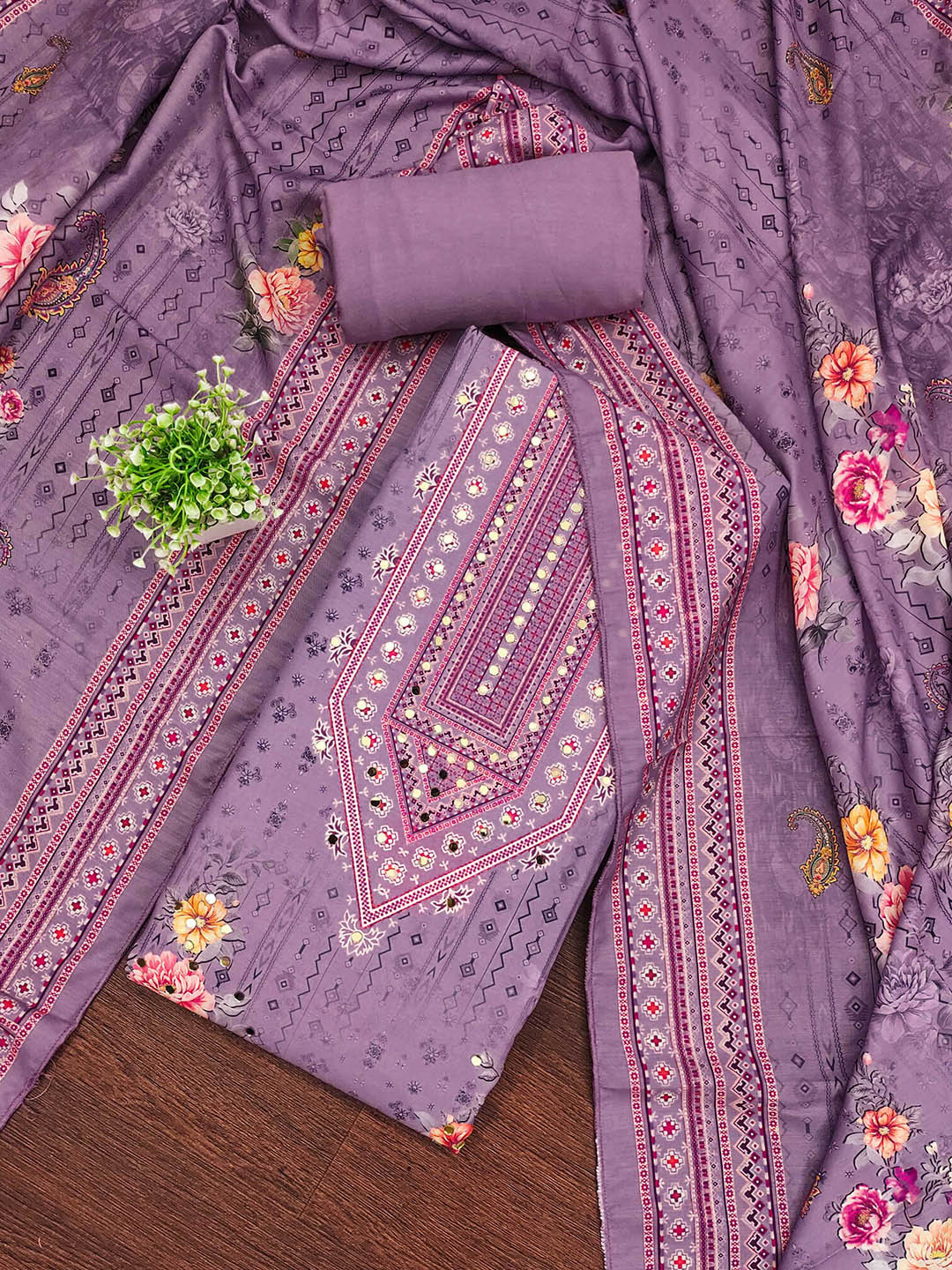 MANVAA Floral Printed Mirror Work Muslin Cotton Unstitched Dress Material