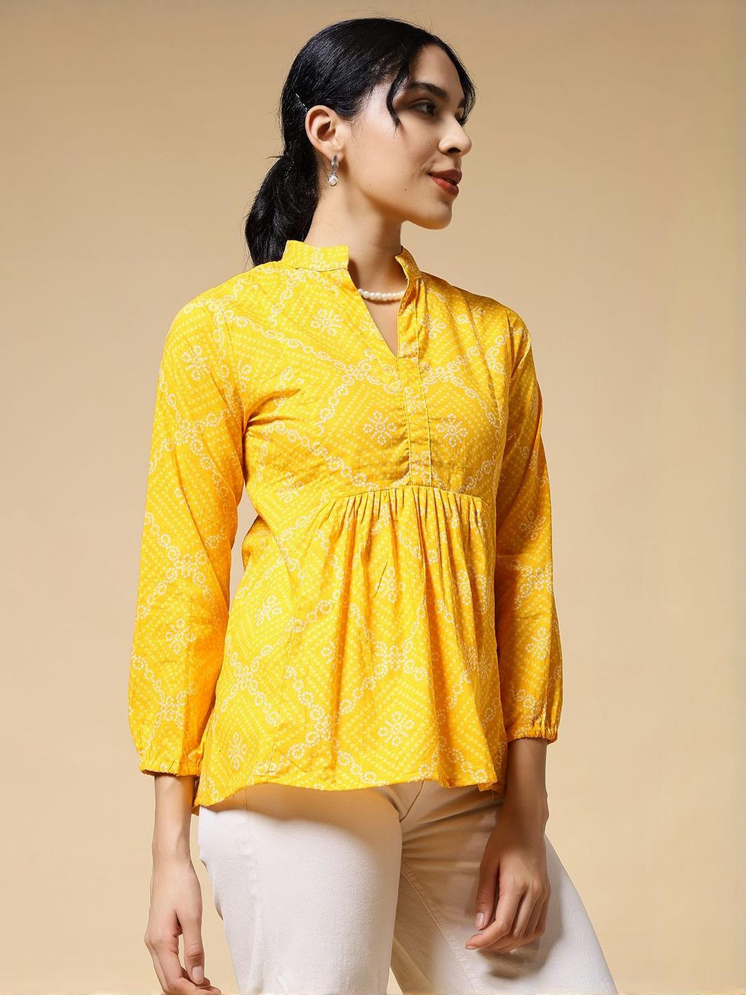 Istyle Can Women Print Mandarin Collar Cotton Top