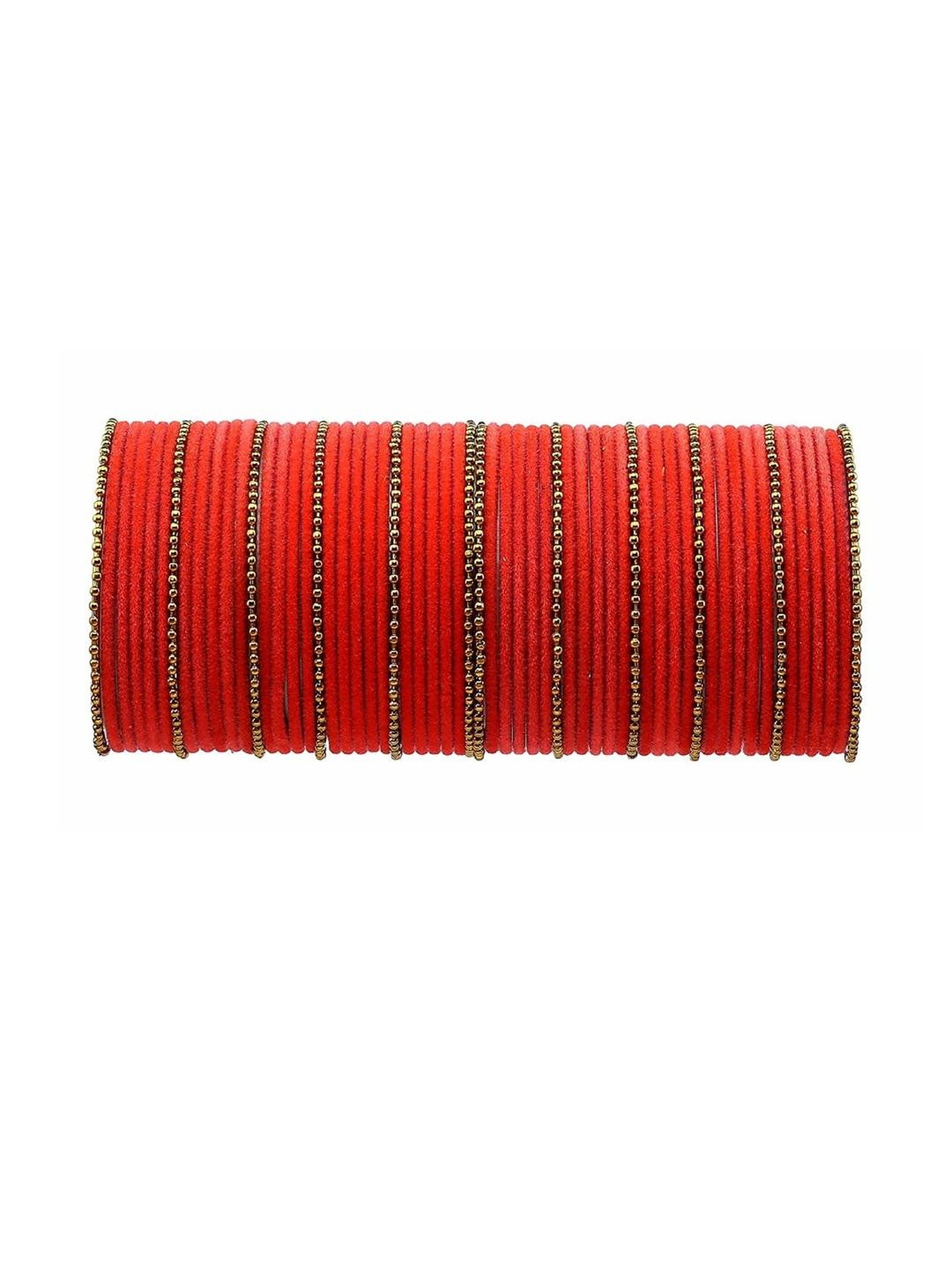 Guddan Set of 60 Red & Golden Metal Velvet Bangle Set