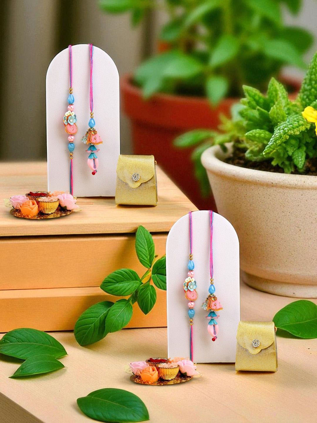 ADIVA Set Of 2 Floral Pearls Beaded Lumba Rakhis With Pooja Thali & Roli Chawal