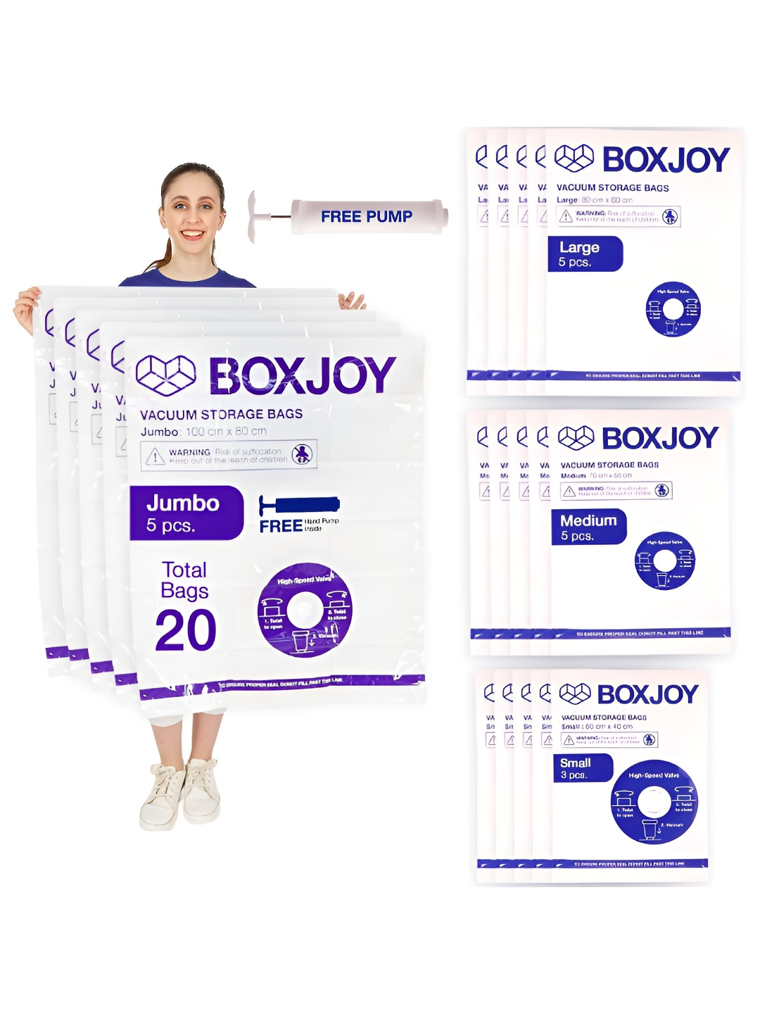 BOXJOY Set of 20 Vacuum Space Saving Storage Bags with Travel Pump