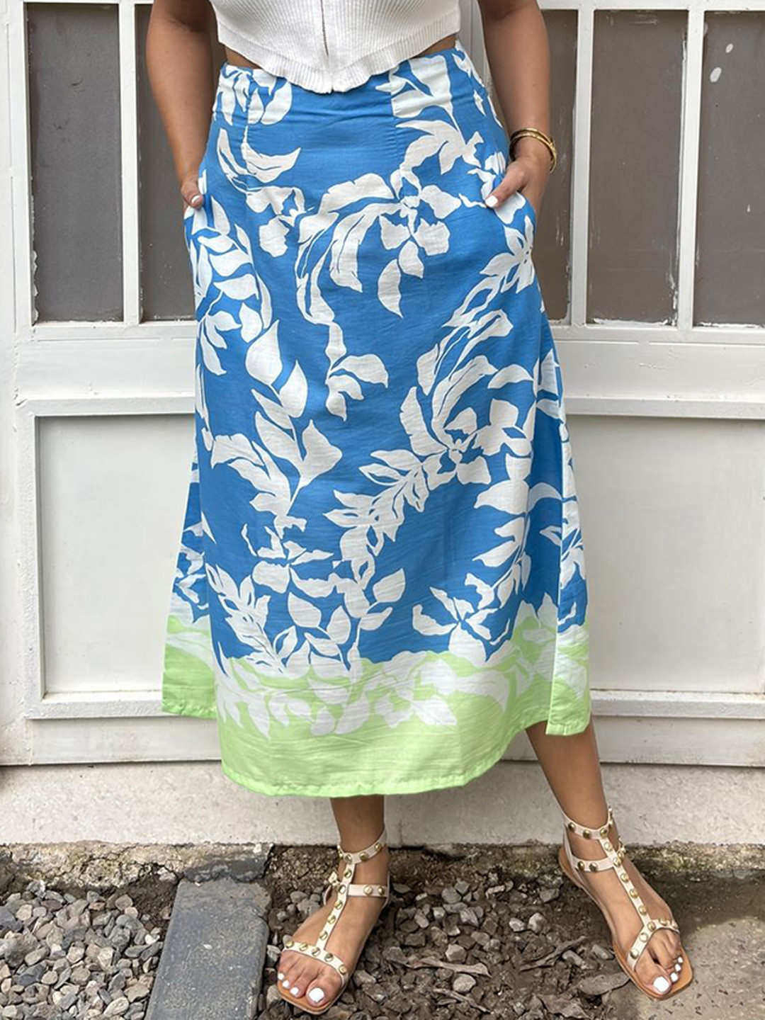 Label Tanvee Breeze-Printed Cotton A-Line Midi Skirt