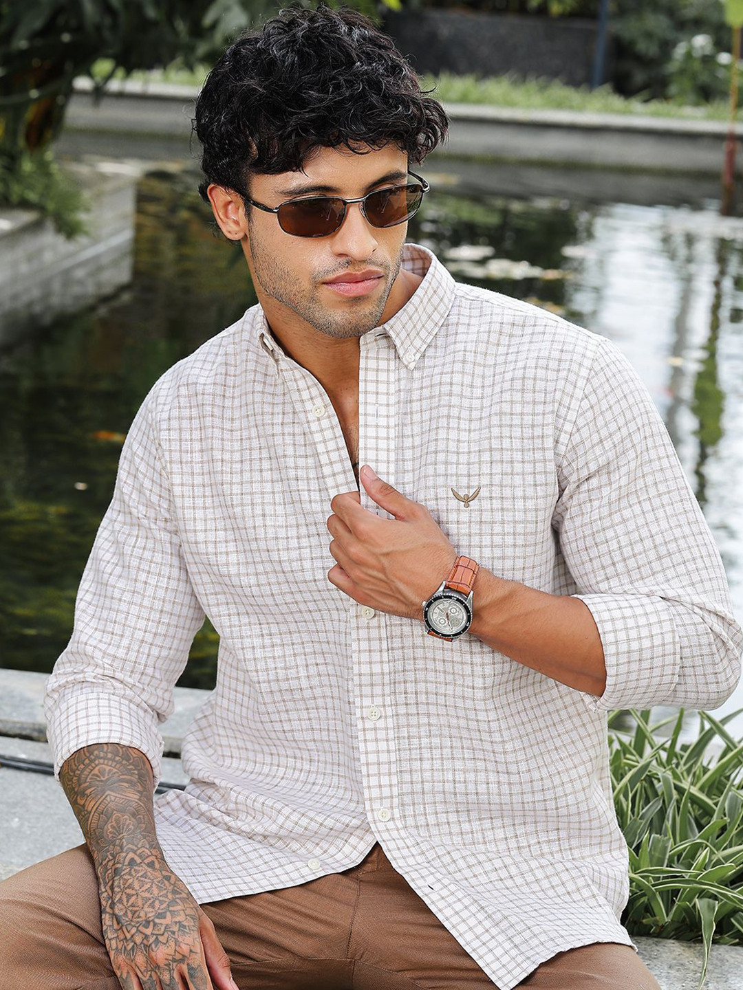 PERCH Slim Fit Micro Checked Button-Down Collar Cotton Linen Shirt