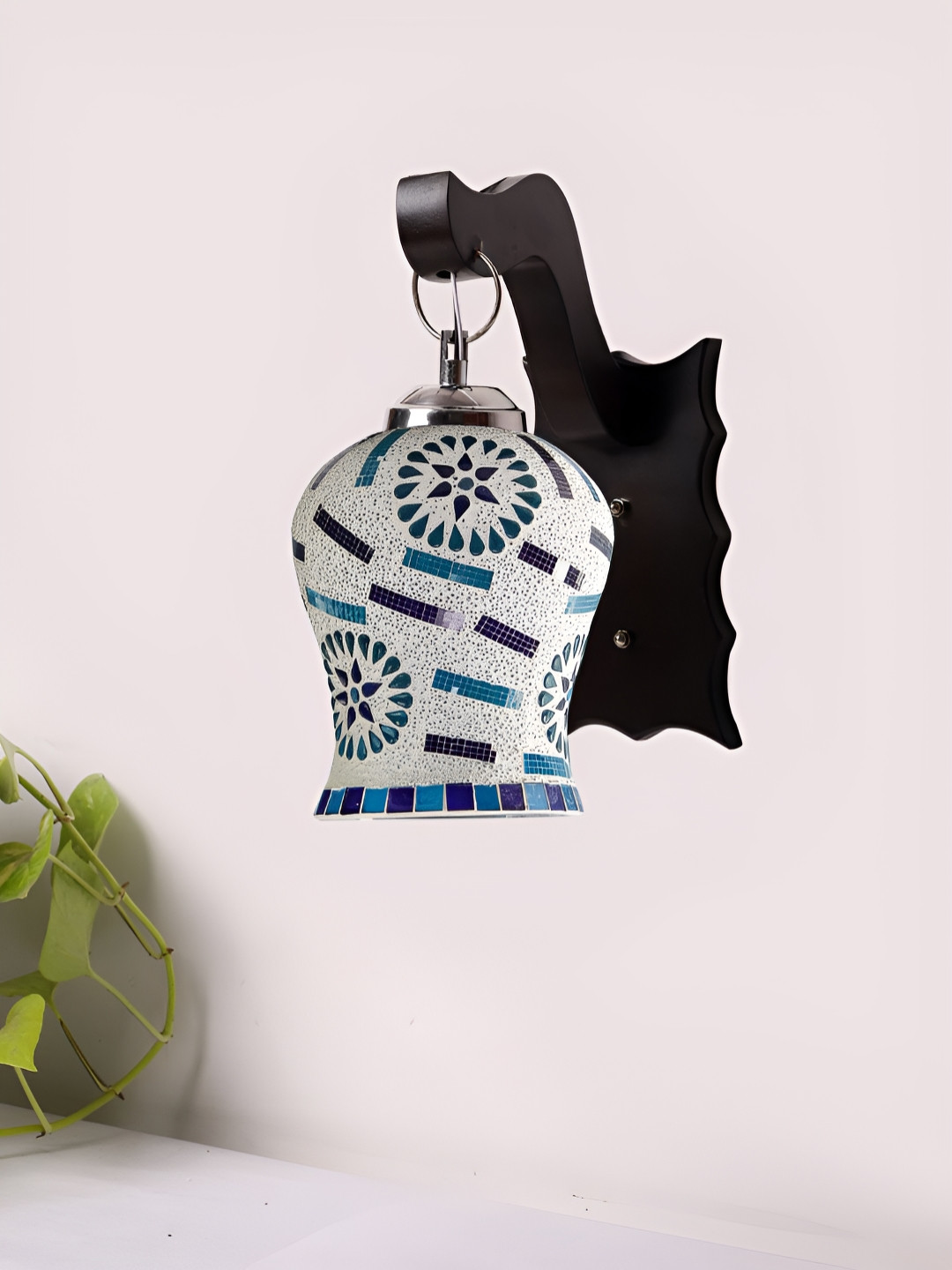 Devansh Silver-Toned & Blue Textured Wood Quirky Wall Lamp with Mosaic glass