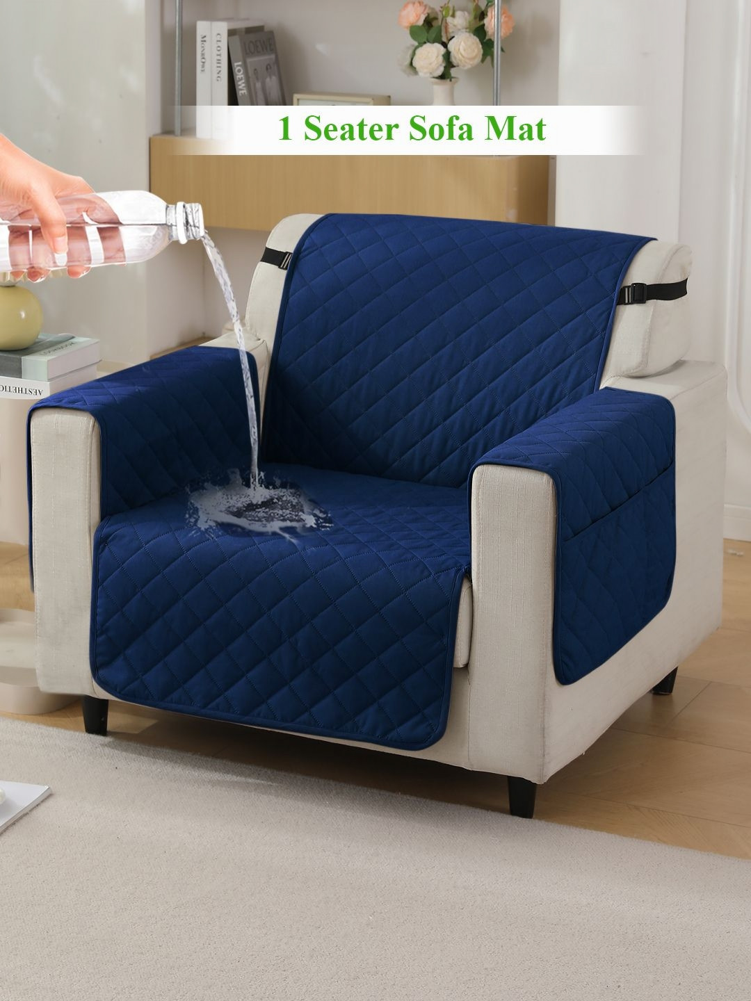 HOKIPO Navy Blue Quilted 1 Seater Sofa Cover With pockets on Armrest Cover