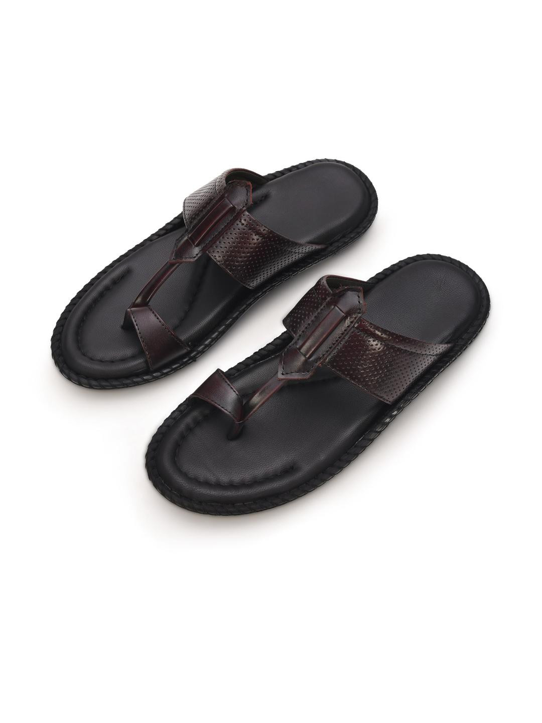STEPHORN Mens Leather Comfort Slippers with Kolhapuri-Inspired Toe Ring & Stitched Sole