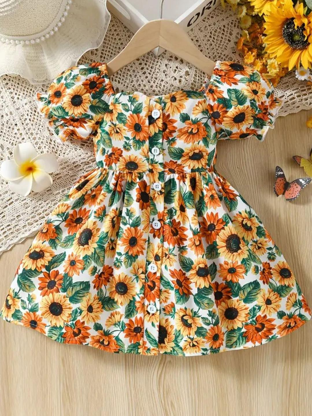 BAESD Girls Sunflower Print Sweetheart Neck Puff Sleeve Cotton Fit & Flare Dress