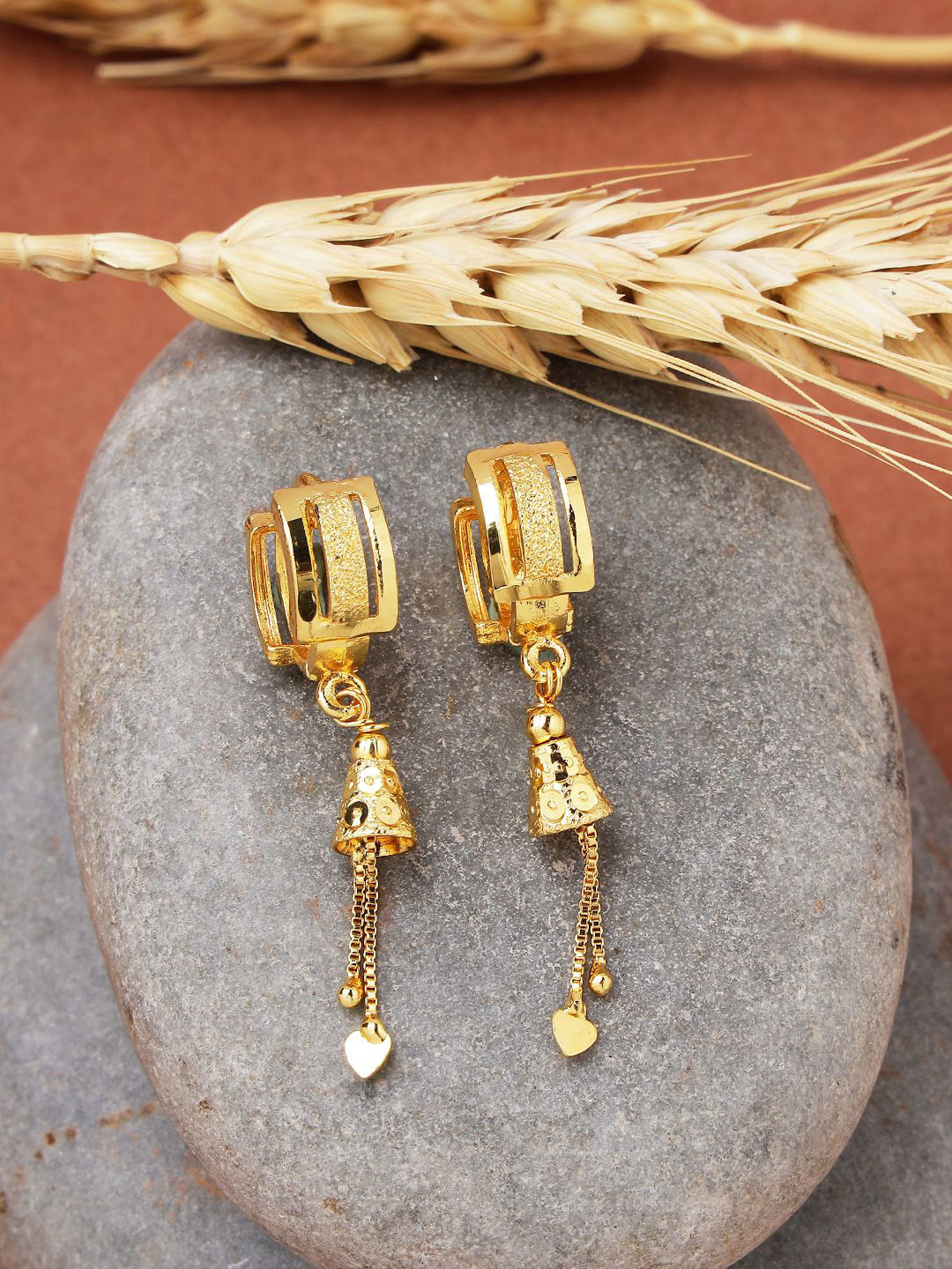 ANIKAS CREATION Gold-Plated Dome Shaped Hoop Earrings With Heart Charms