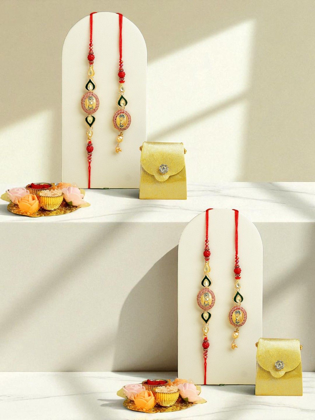 ADIVA Set Of 4 Gold-Plated Kundan Studded & Beaded Thread Lumba Rakhi Gift Set