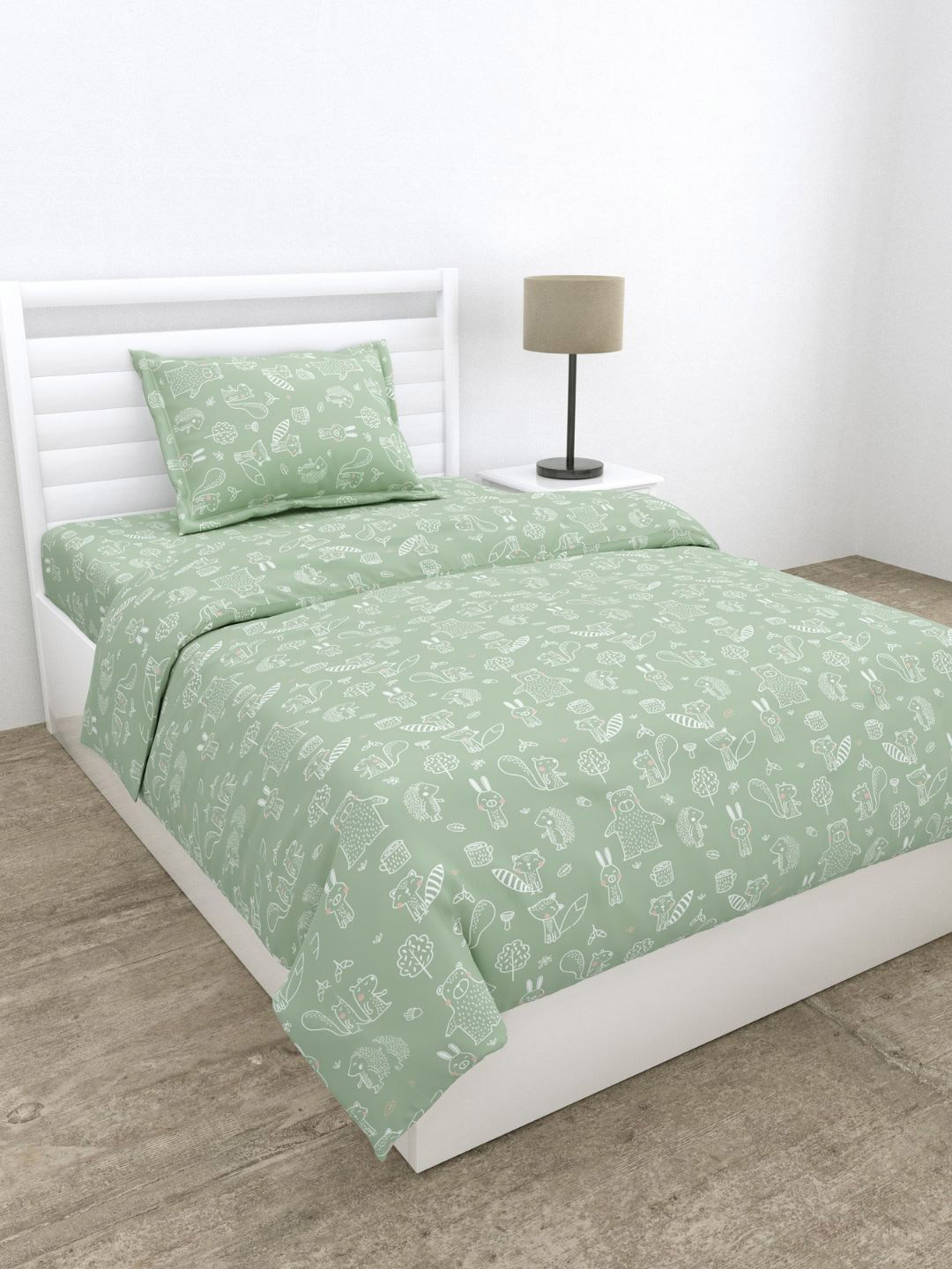 haus & kinder Woodland Green Printed Cotton 210 TC Single Bedsheet Set-2.24 mx1.45 m