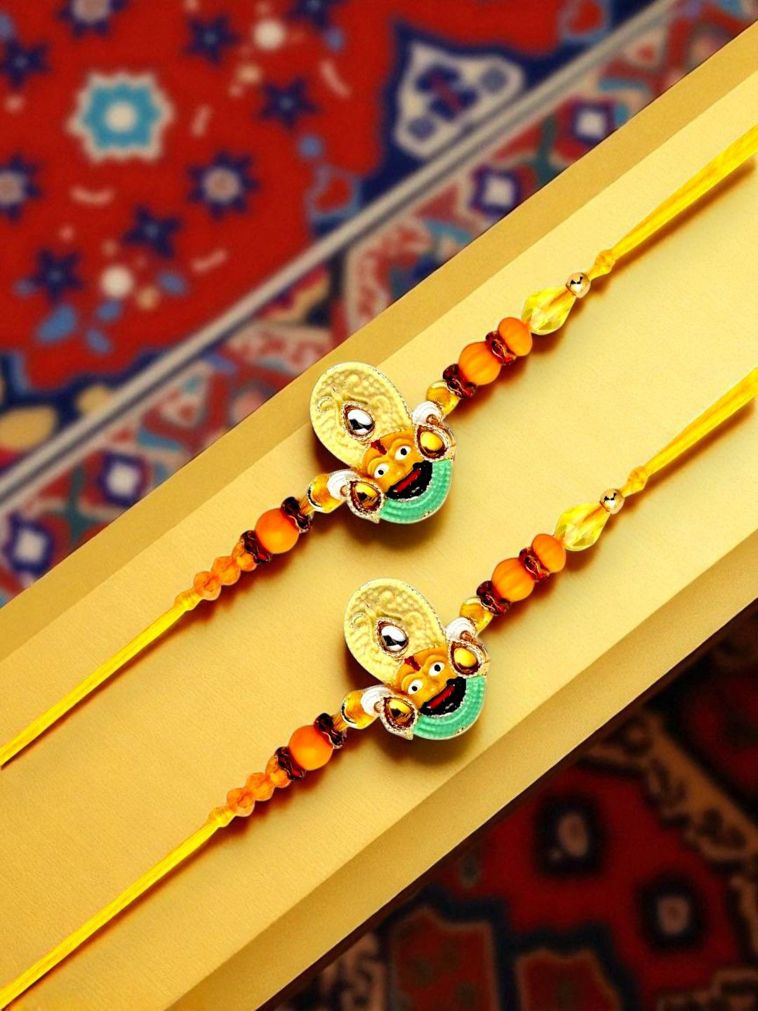 ADIVA Set Of 2 Stones Studded & Beaded Khatu Shyam Thread Rakhis With Roli Chawal & Card
