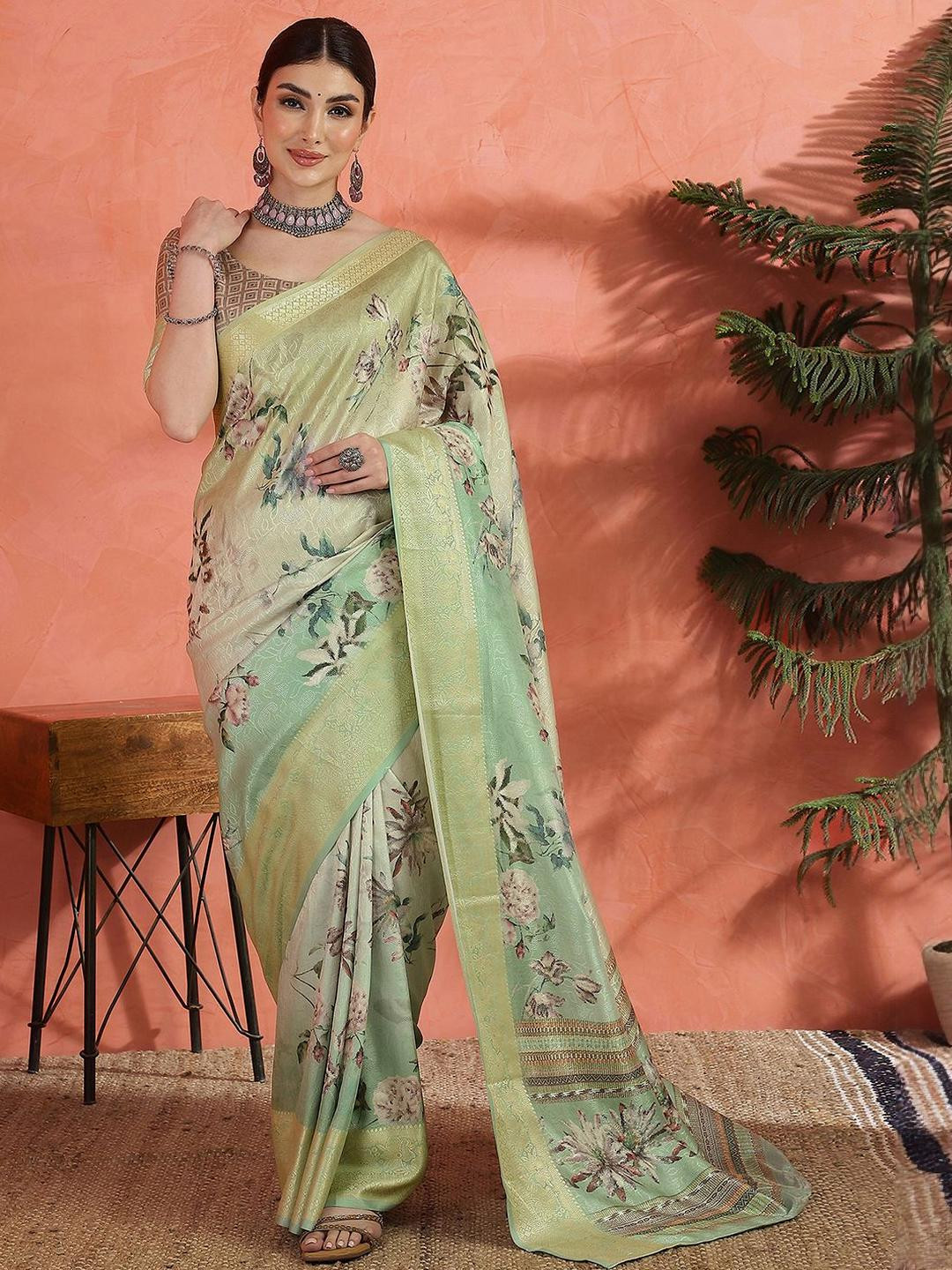 Sangria Floral Print with Woven Design Zari Border Saree With Unstitched Blouse