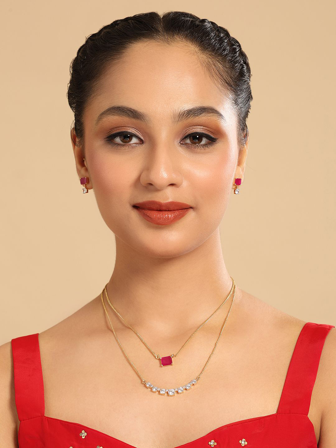 Nuyug  Gold-Plated Brass Cubic Zirconia Ruby Airia Layered Necklace & Earrings