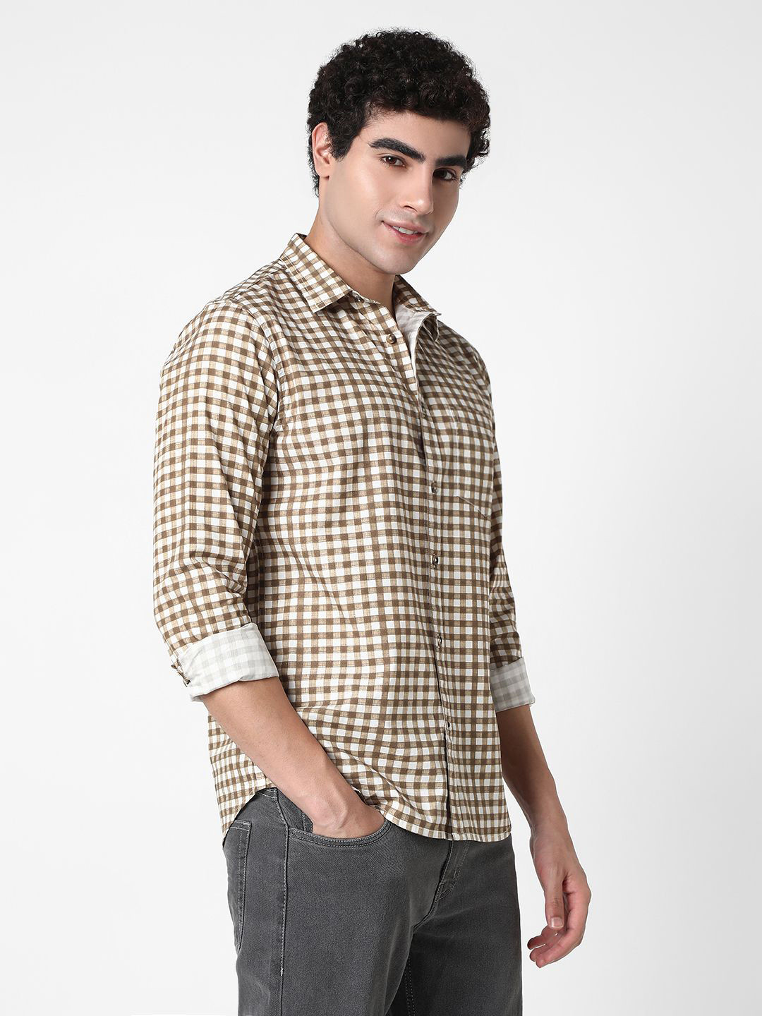 R&B Gingham Checked Spread Collar Roll-Up Sleeves Cotton Shirt