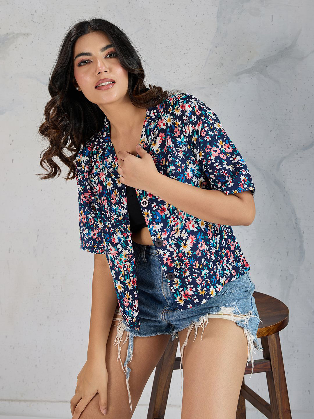 DressBerry Floral Printed Club Collar Classic Boxy Casual Shirt