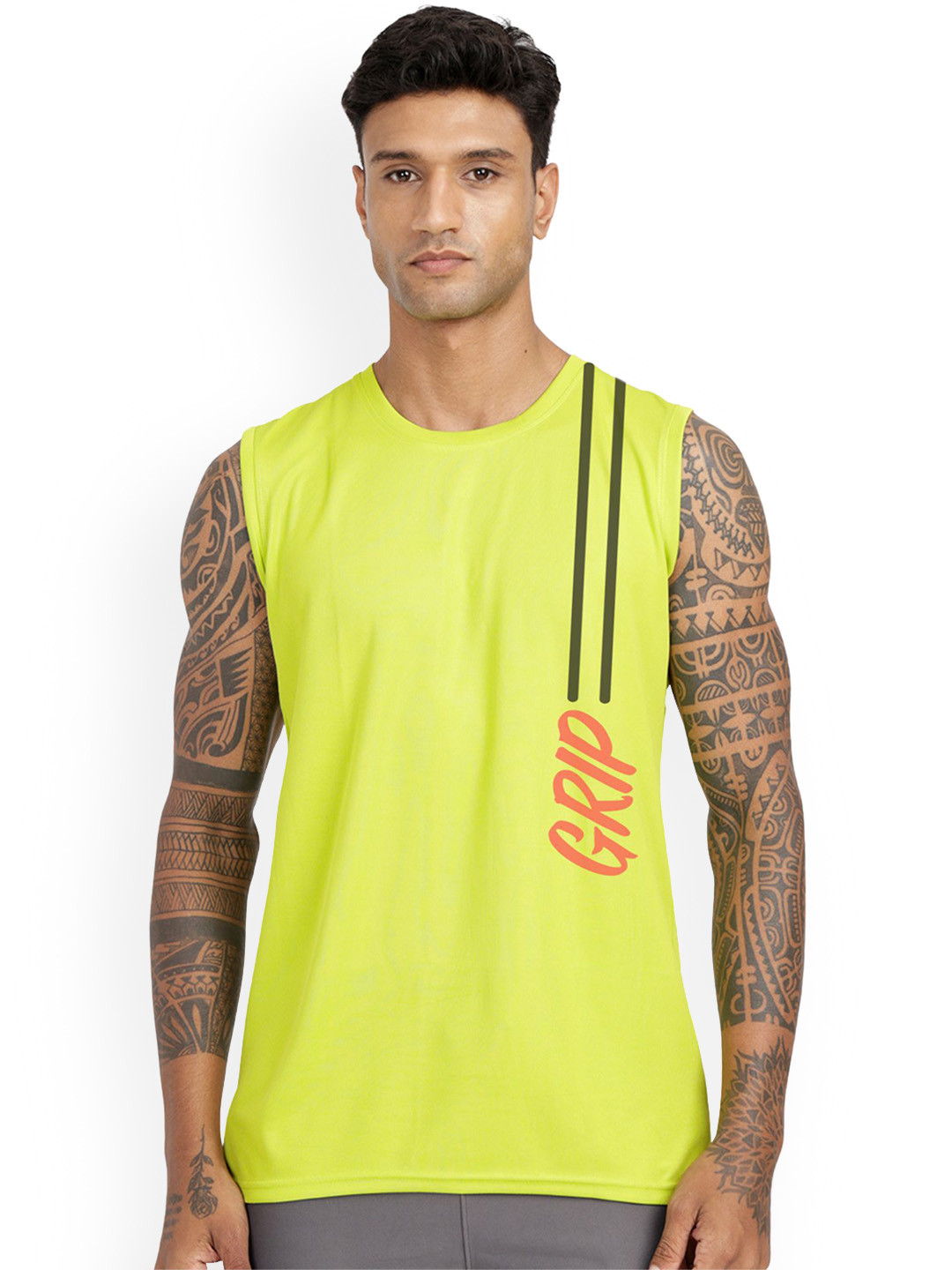 3Colors Round Neck Gym Vest VEST-CCUT-2LINE CHEST GRIP-GREEN_M