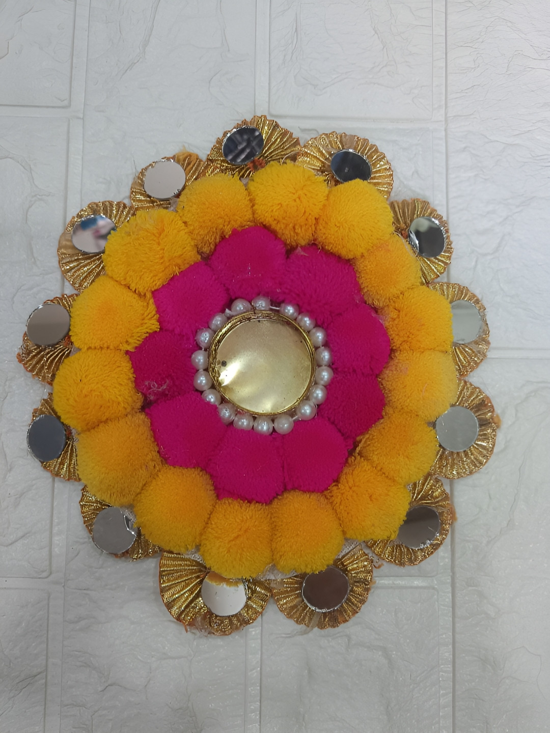 Sellplus Pink & Yellow Textured Pompom T-Light Candle Holder